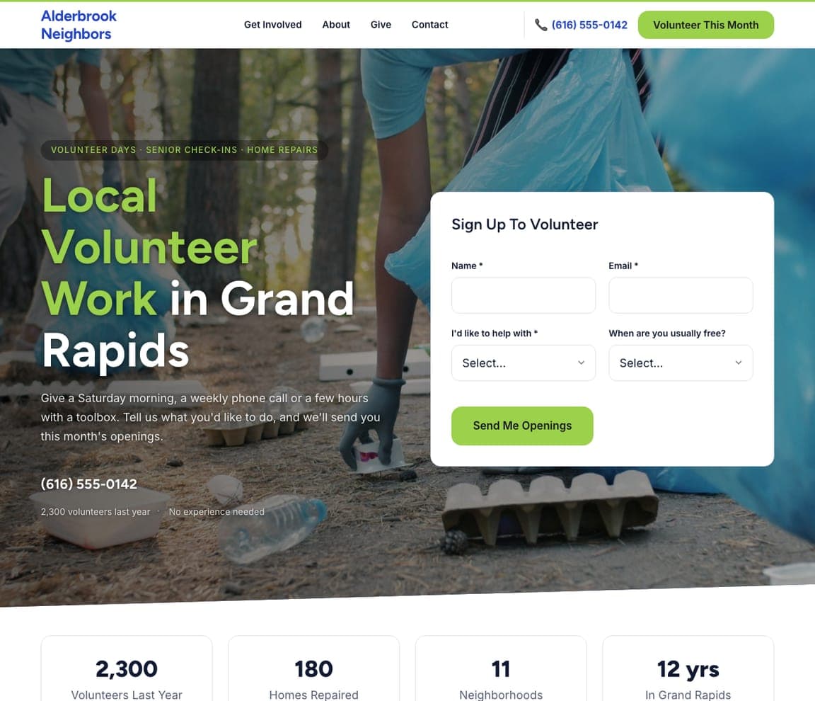 Alderbrook Neighbors — Volunteer Nonprofit website design you can build with Zarla