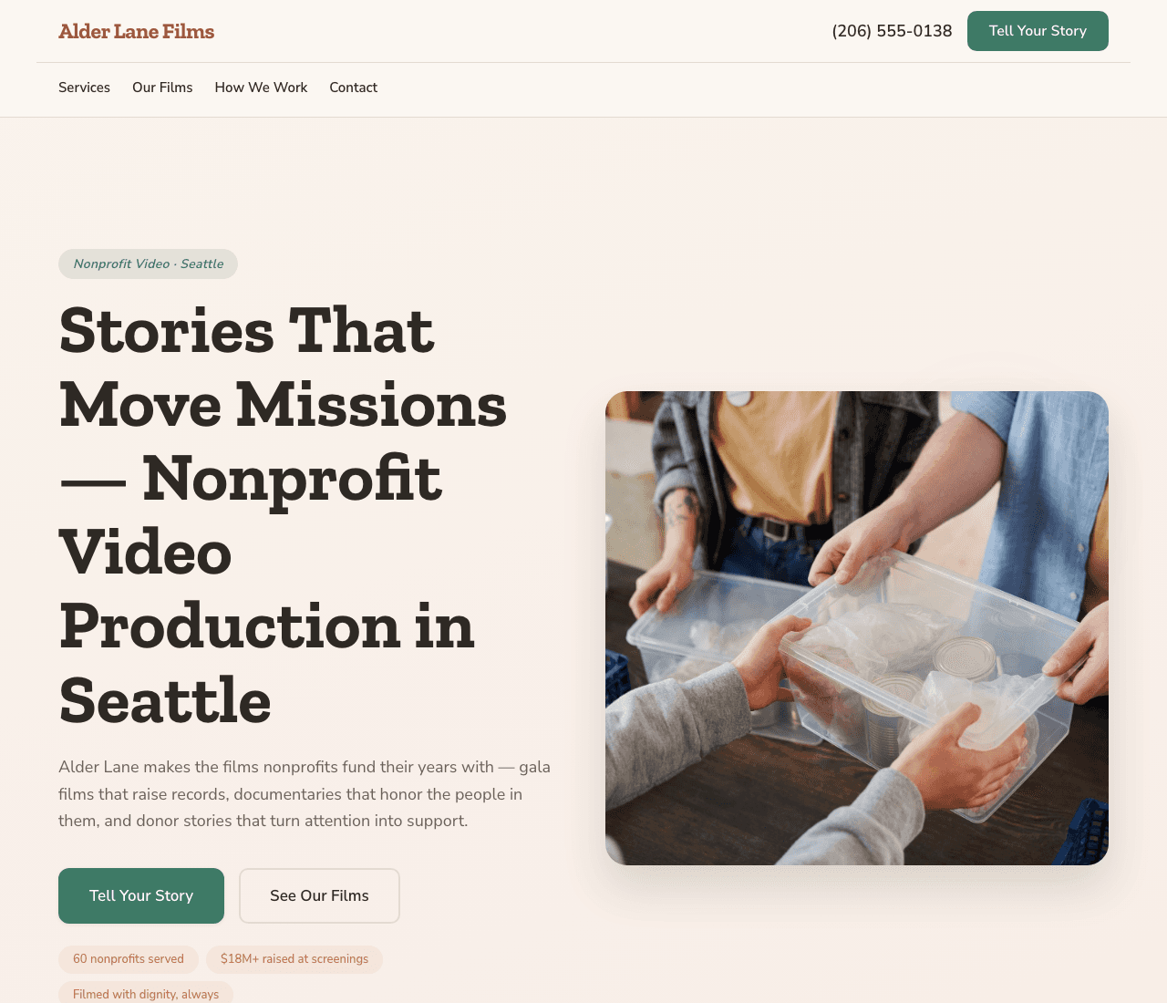 Alder Lane Films — Nonprofit Video Template website design you can build with Zarla