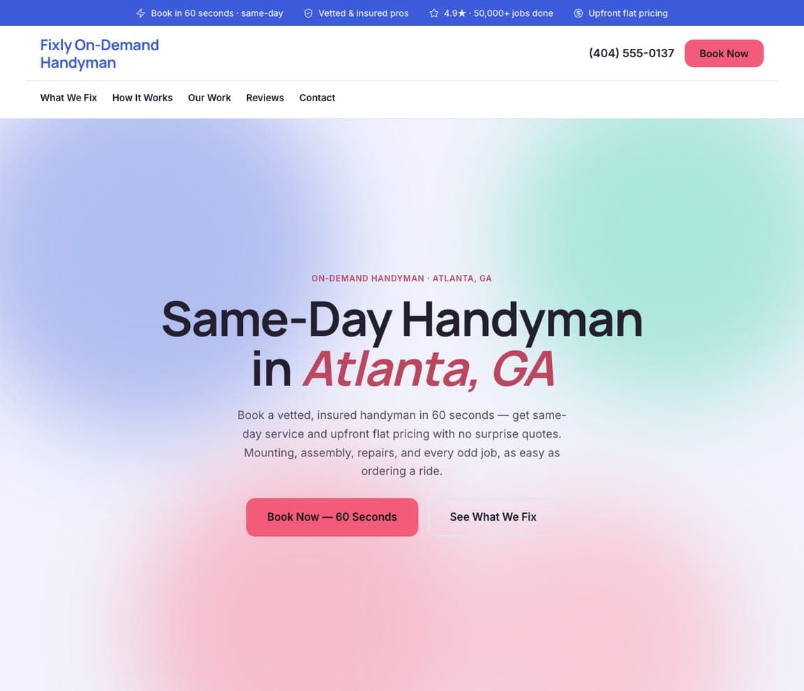 Fixly On-Demand Handyman — On-Demand Handyman website design you can build with Zarla