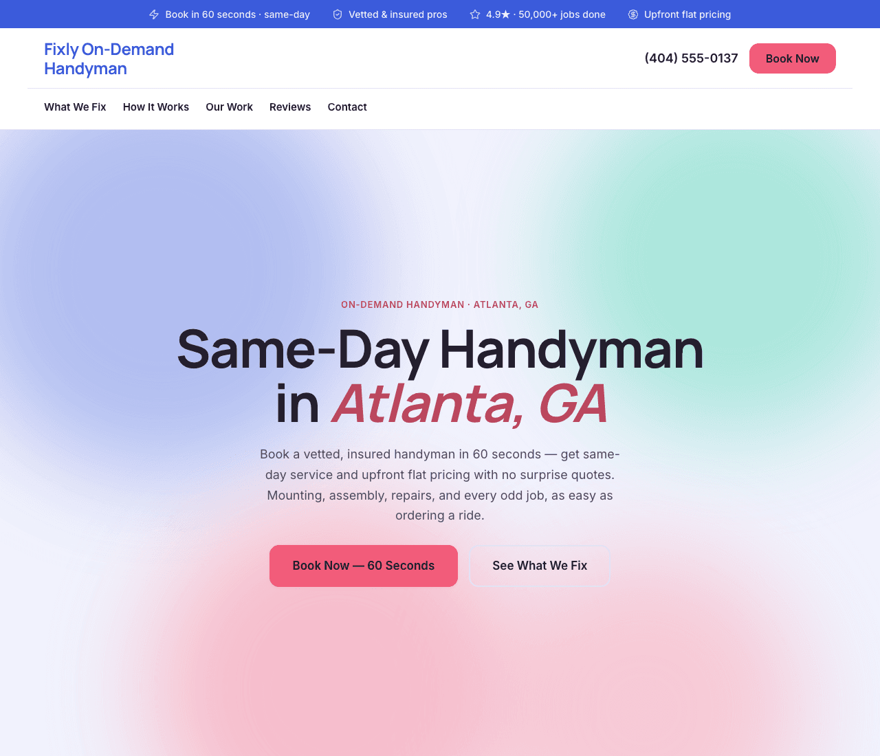 Fixly On-Demand Handyman — On-Demand Handyman website design you can build with Zarla