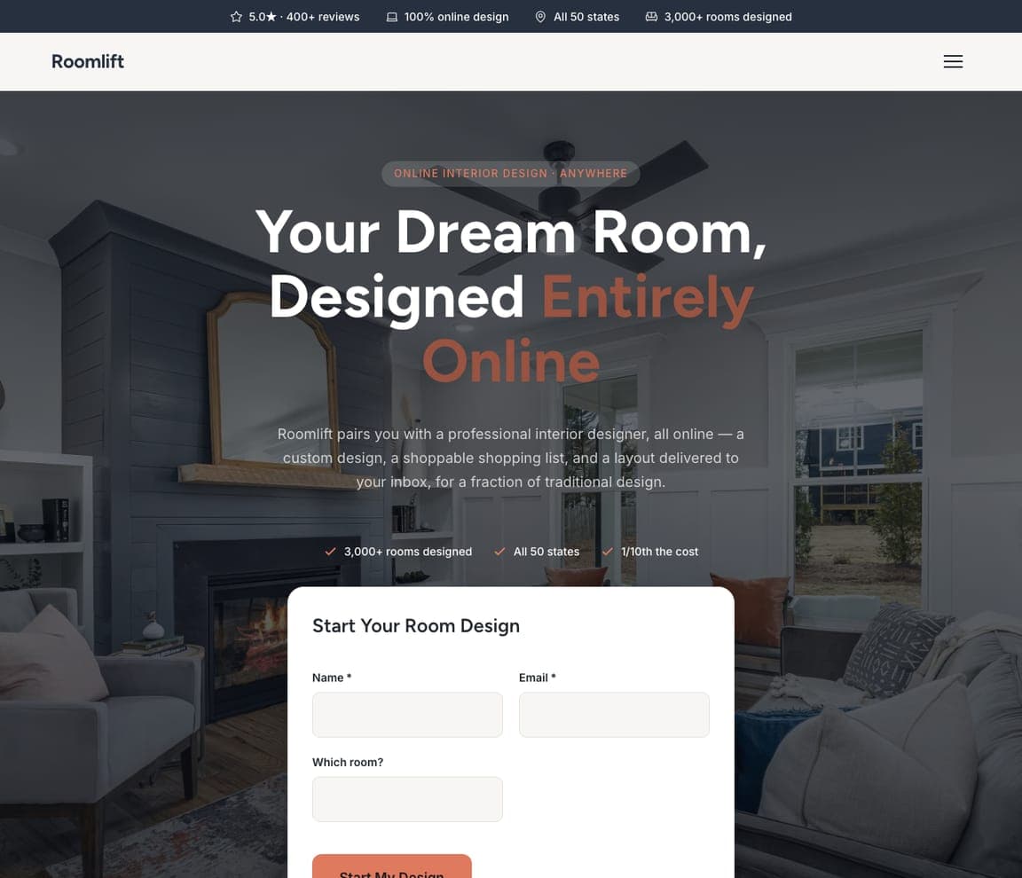 Roomlift — Online Design website design you can build with Zarla