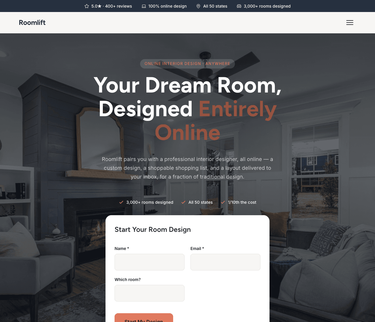 Roomlift — Online Design website design you can build with Zarla