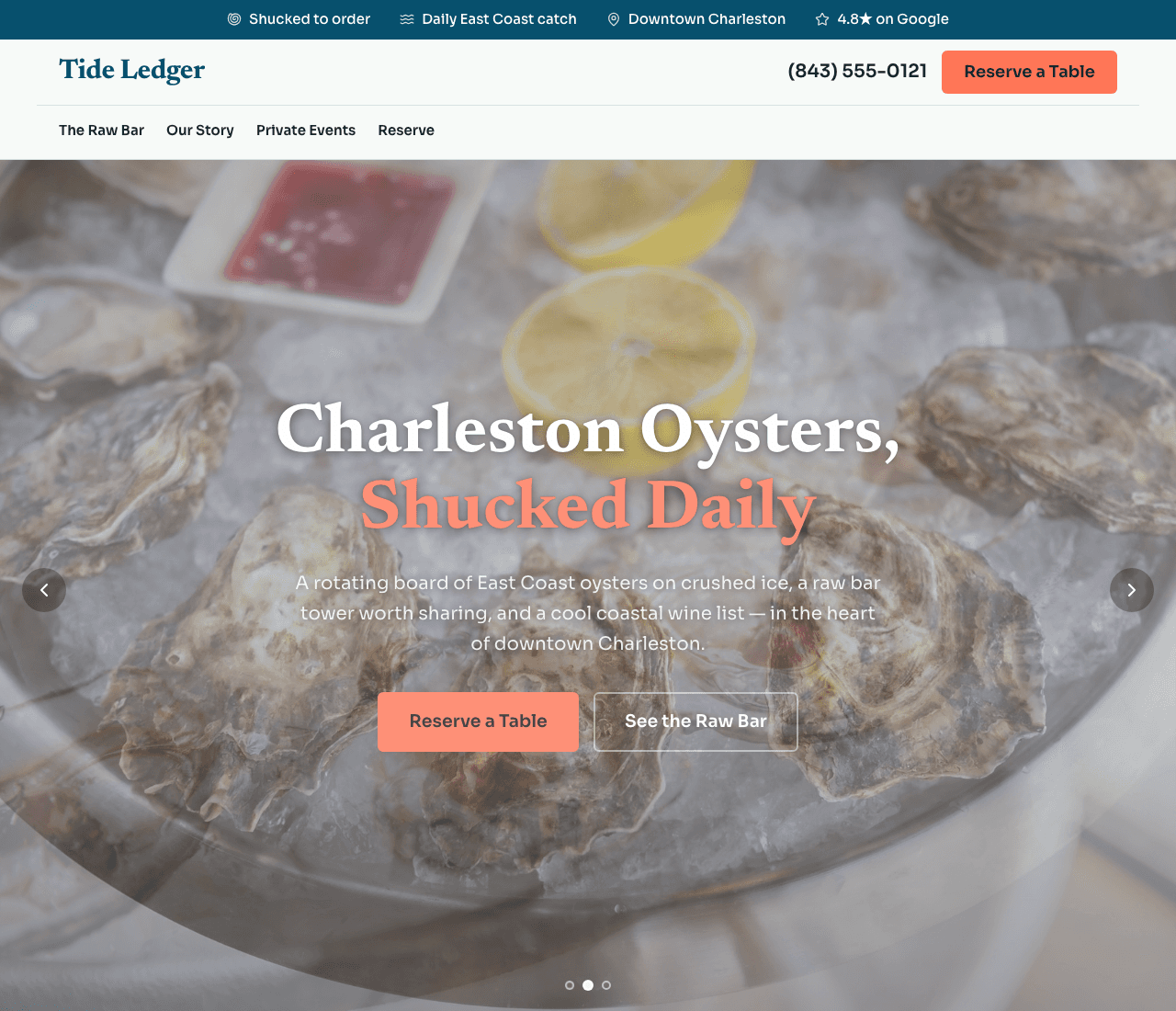 Tide Ledger — Oyster & Raw Bar website design you can build with Zarla