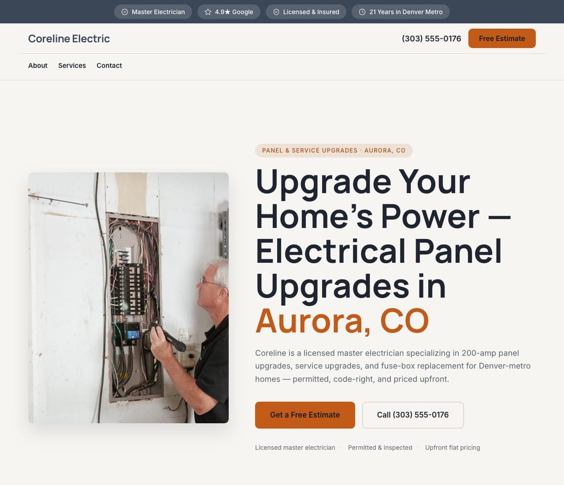 Coreline Electric — Panel Upgrades website design you can build with Zarla