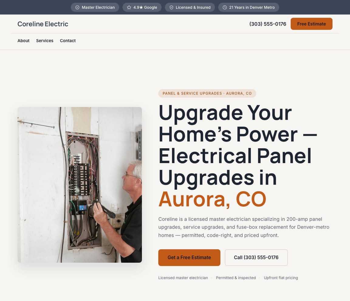 Coreline Electric — Panel Upgrades website design you can build with Zarla