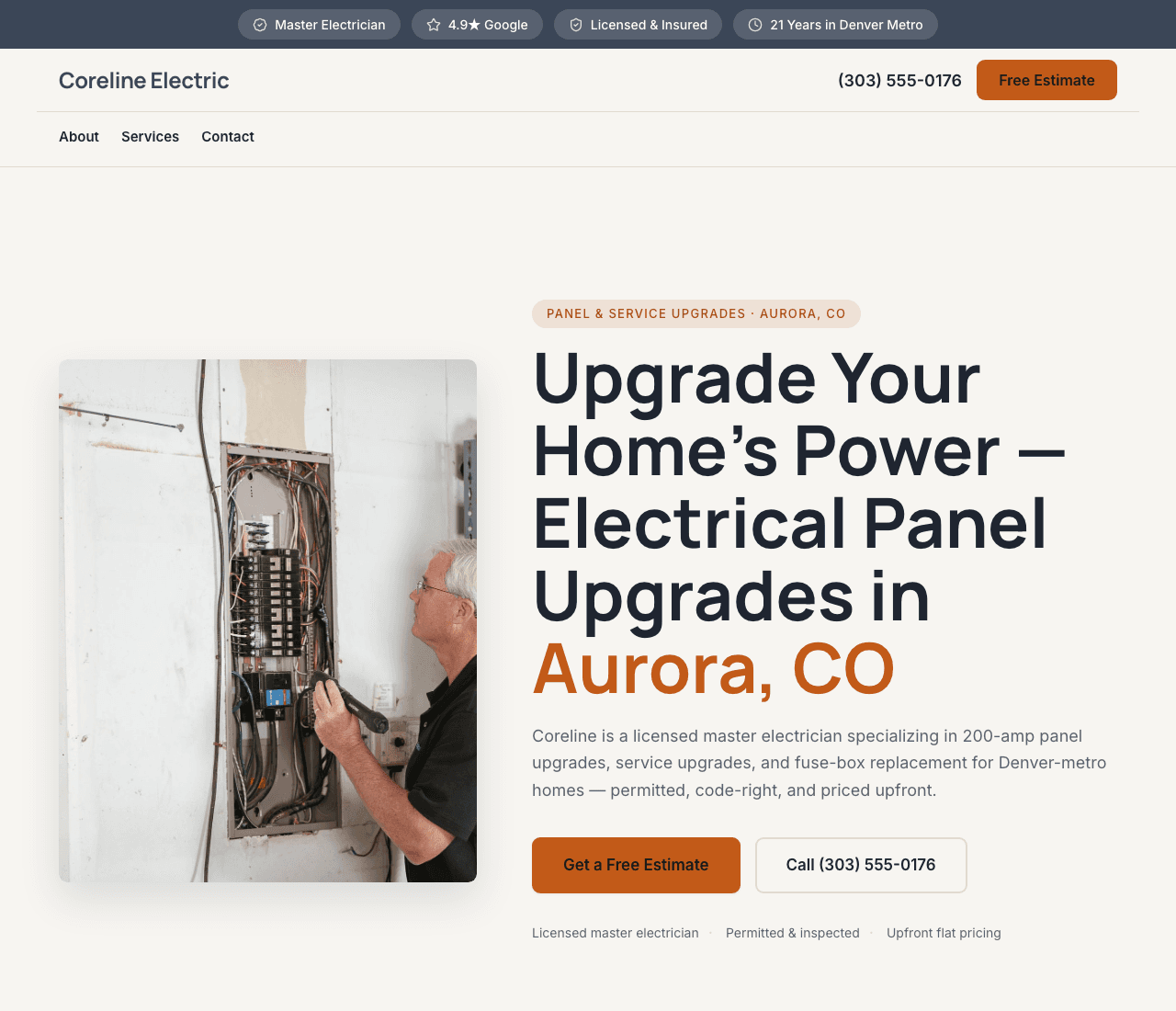 Coreline Electric — Panel Upgrades website design you can build with Zarla