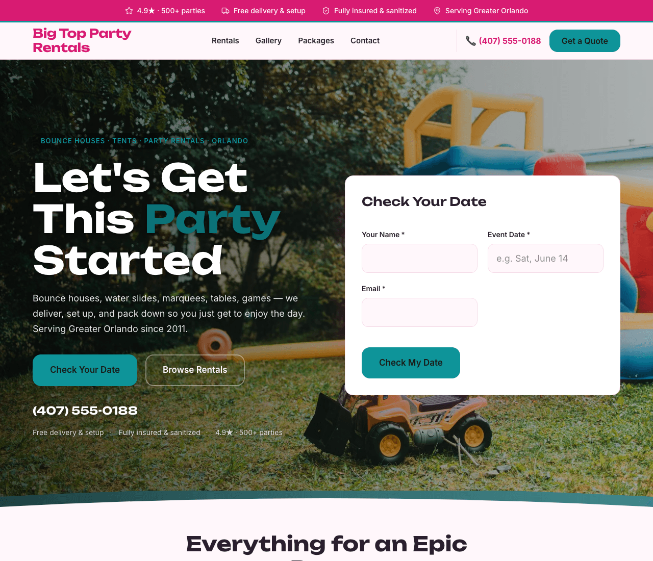 Big Top Party Rentals — Party Hire Template website design you can build with Zarla