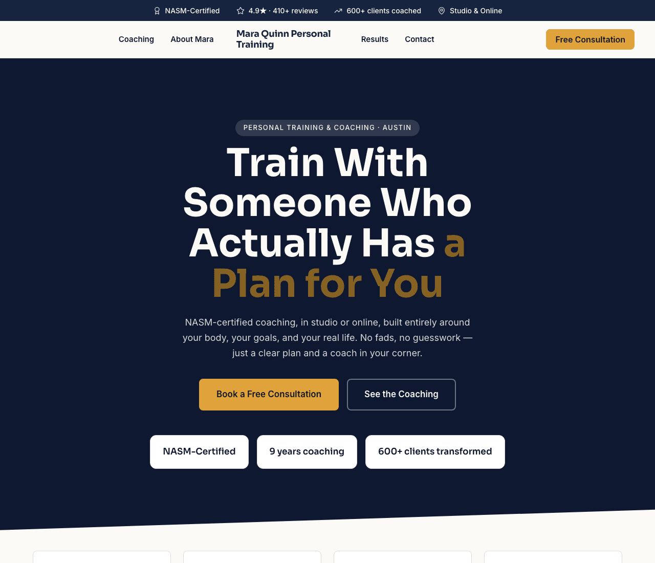 Mara Quinn Personal Training — Personal Trainer website design you can build with Zarla