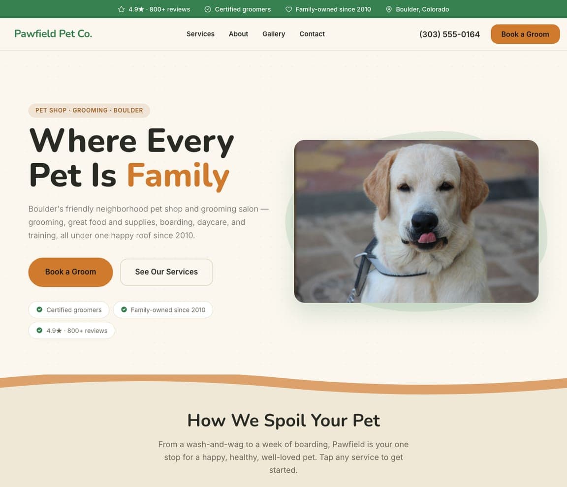 Pawfield Pet Co. — Pet Store Template website design you can build with Zarla