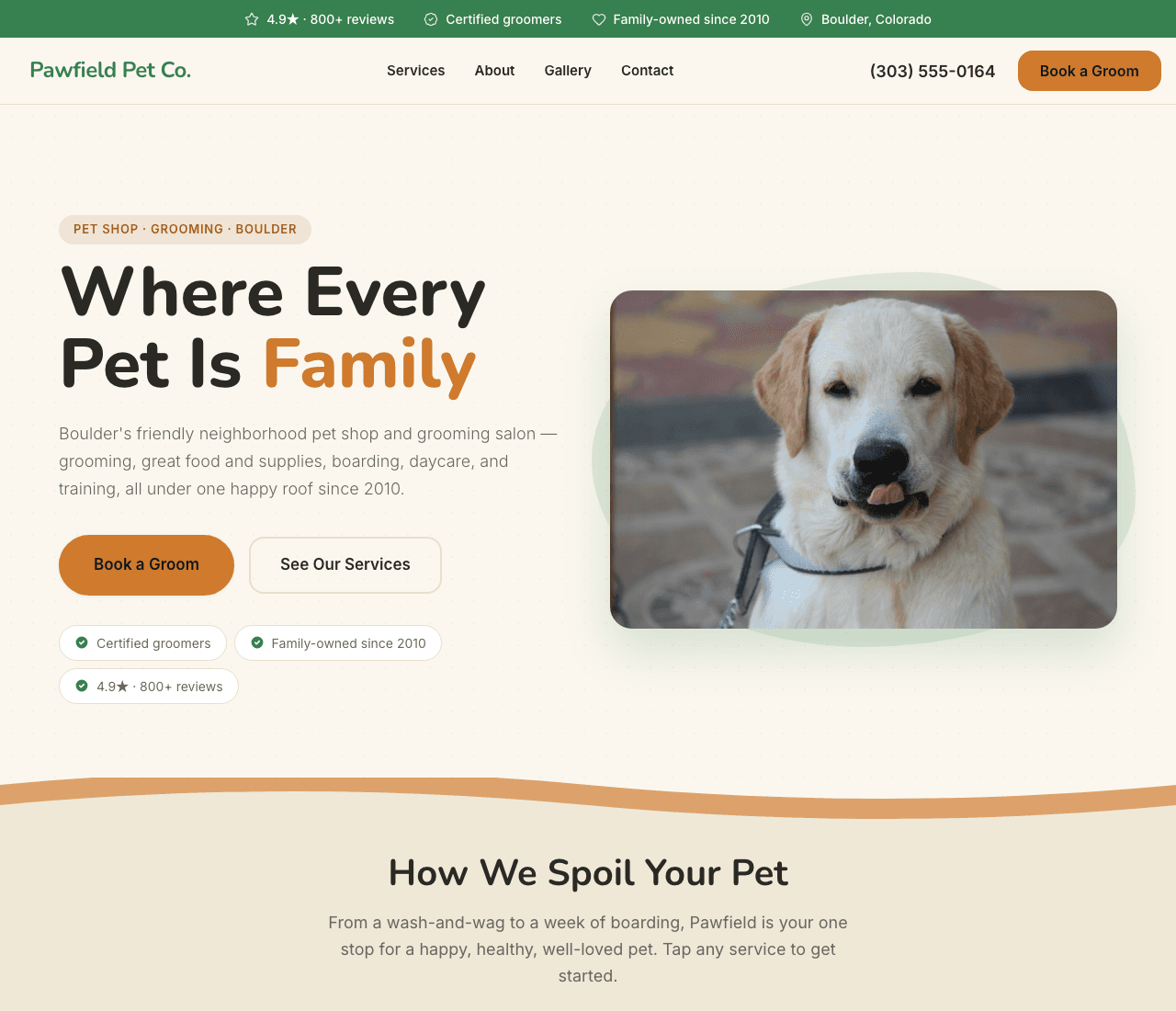 Pawfield Pet Co. — Pet Store Template website design you can build with Zarla