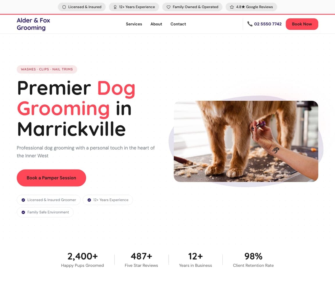 Alder & Fox Grooming — Dog Grooming Template website design you can build with Zarla