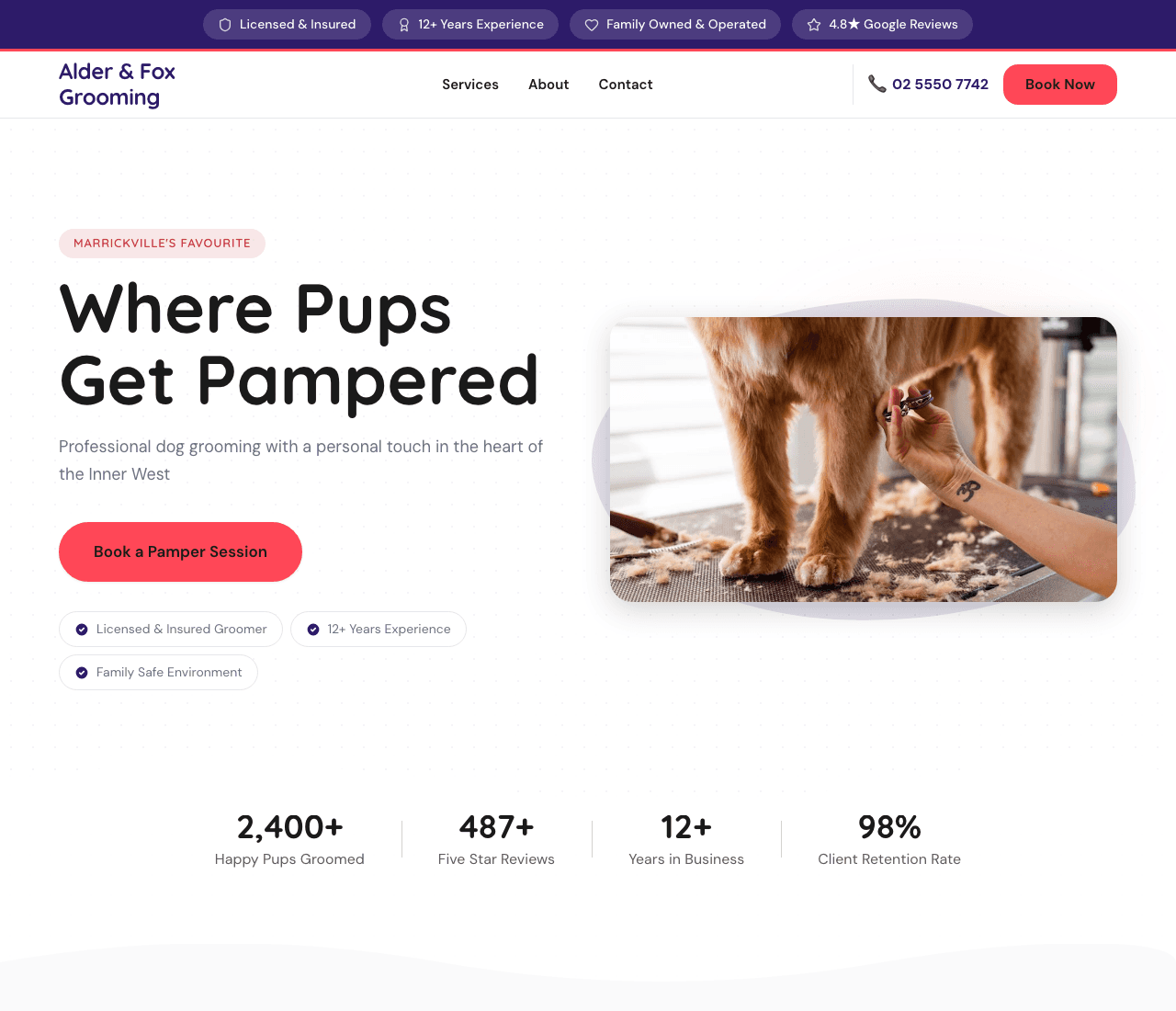 Alder & Fox Grooming — Dog Grooming Template website design you can build with Zarla