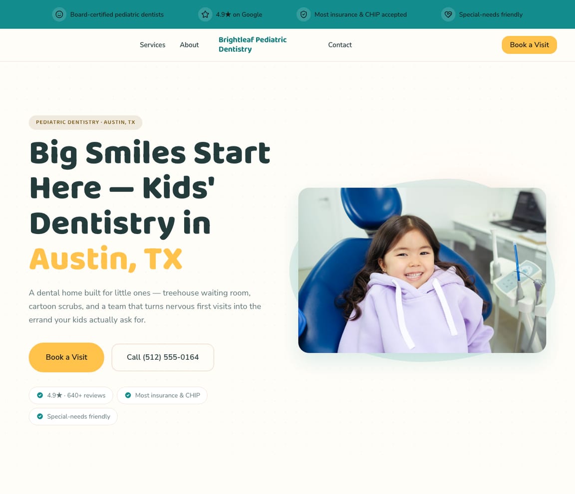Brightleaf Pediatric Dentistry — Pediatric Dentist website design you can build with Zarla