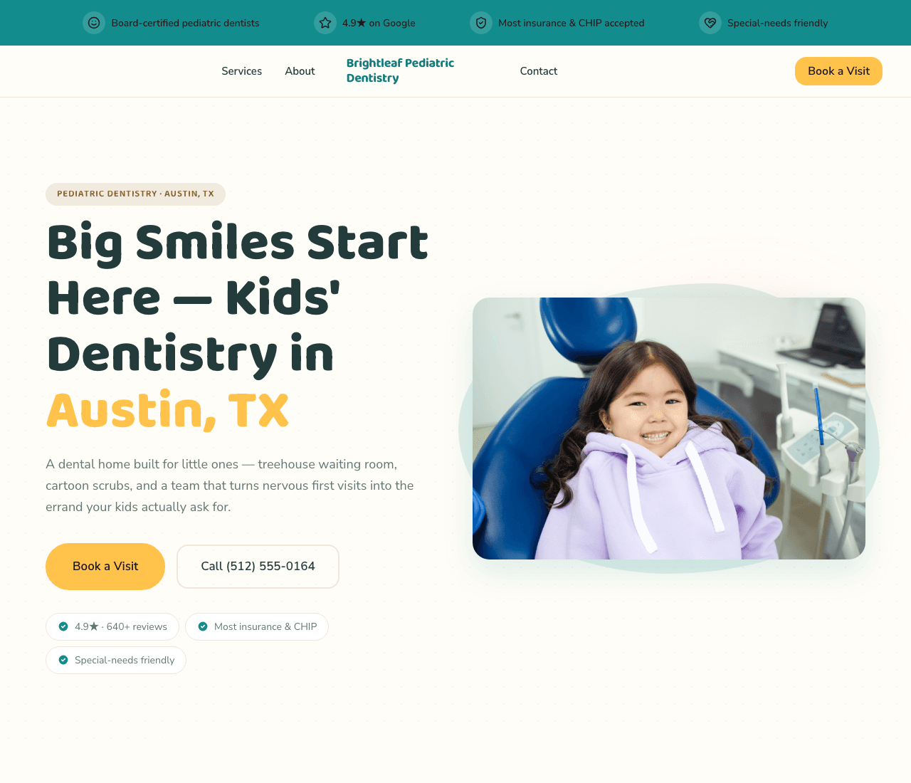 Brightleaf Pediatric Dentistry — Pediatric Dentist website design you can build with Zarla