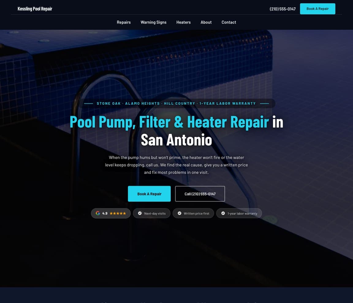 Kessling Pool Repair — Pool Repair Template website design you can build with Zarla