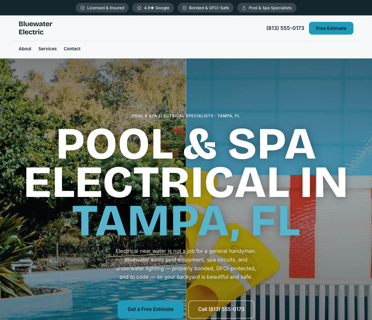 Bluewater Electric — Pool Electrical Template website design you can build with Zarla