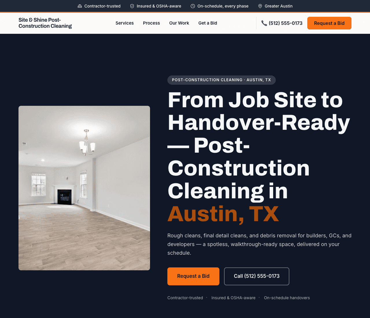 Site & Shine Post-Construction Cleaning — Post-Construction website design you can build with Zarla