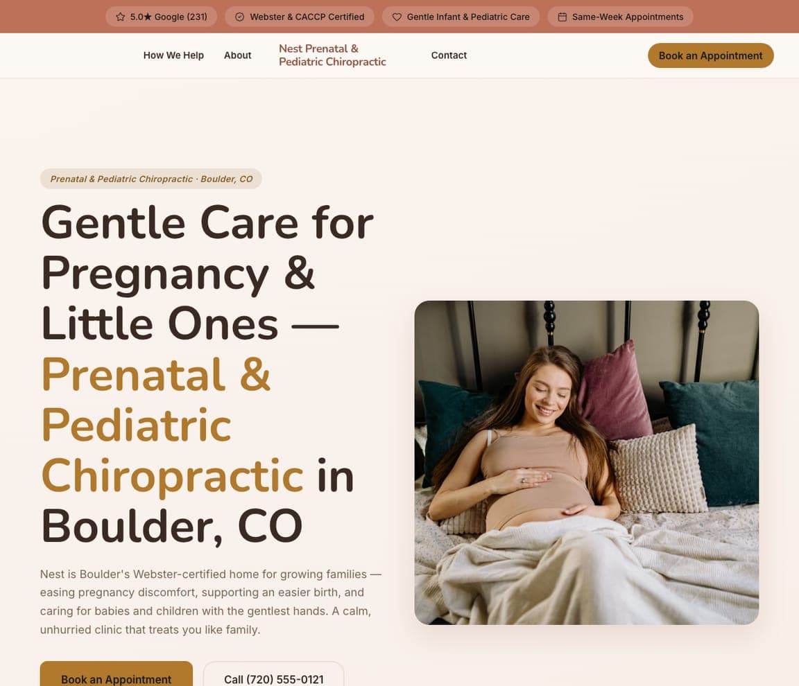 Nest Prenatal & Pediatric Chiropractic — Prenatal Chiropractor website design you can build with Zarla