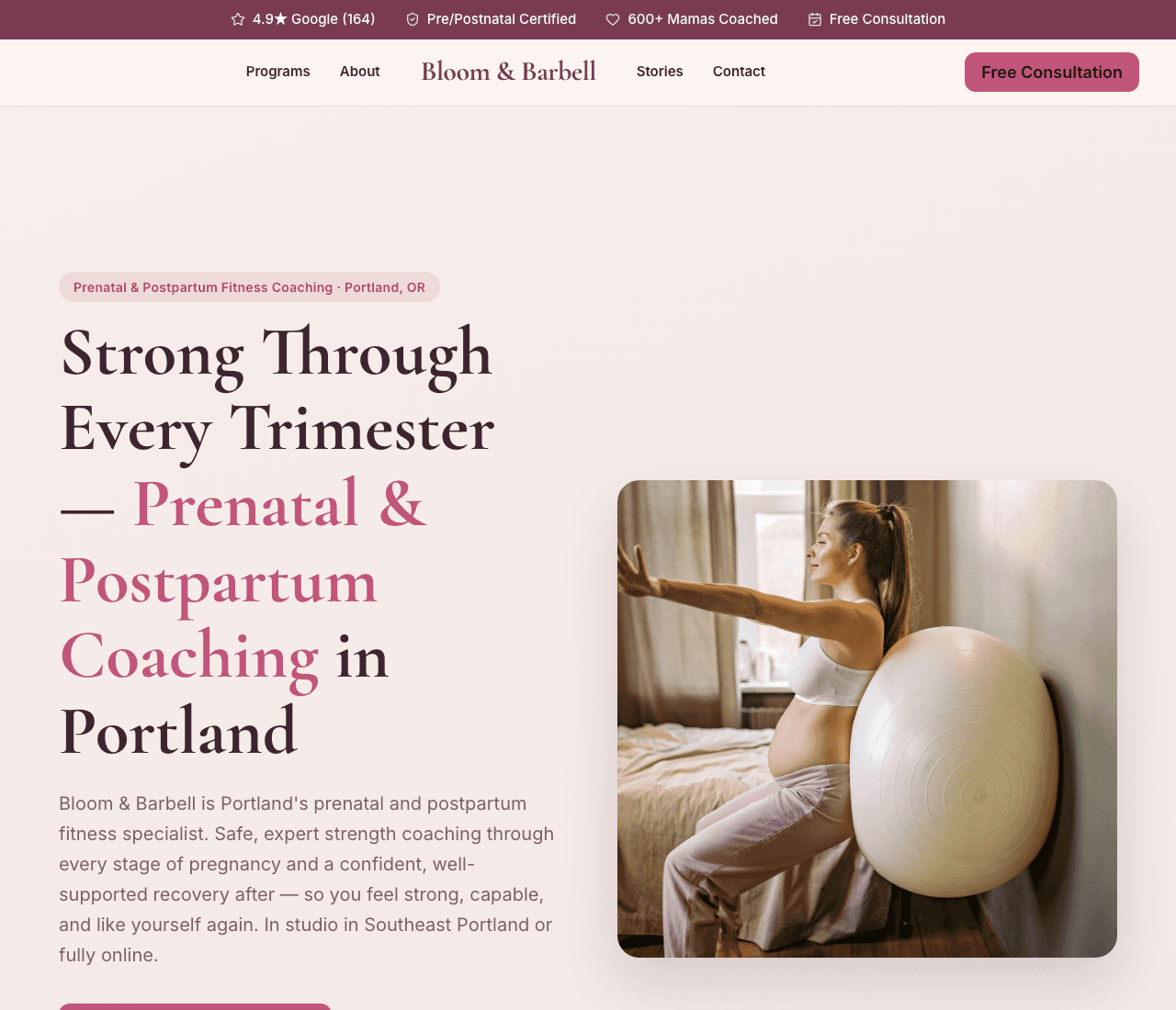 Bloom & Barbell — Prenatal Trainer website design you can build with Zarla