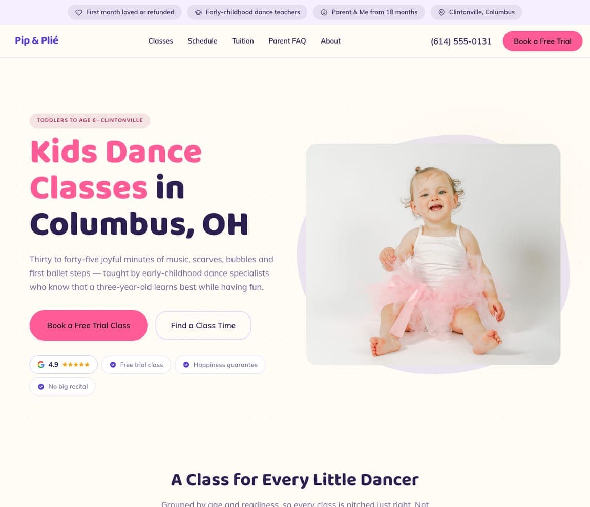 Pip & Plié — Toddler & Preschool website design you can build with Zarla