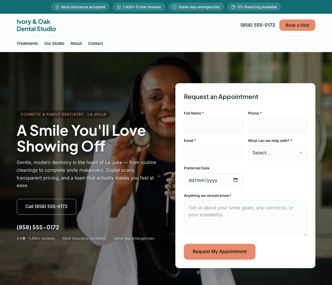 Ivory & Oak Dental Studio — Modern Clinic Template website design you can build with Zarla