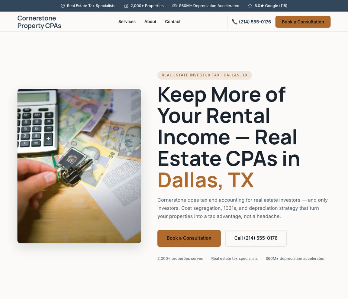 Cornerstone Property CPAs — Real Estate CPA website design you can build with Zarla