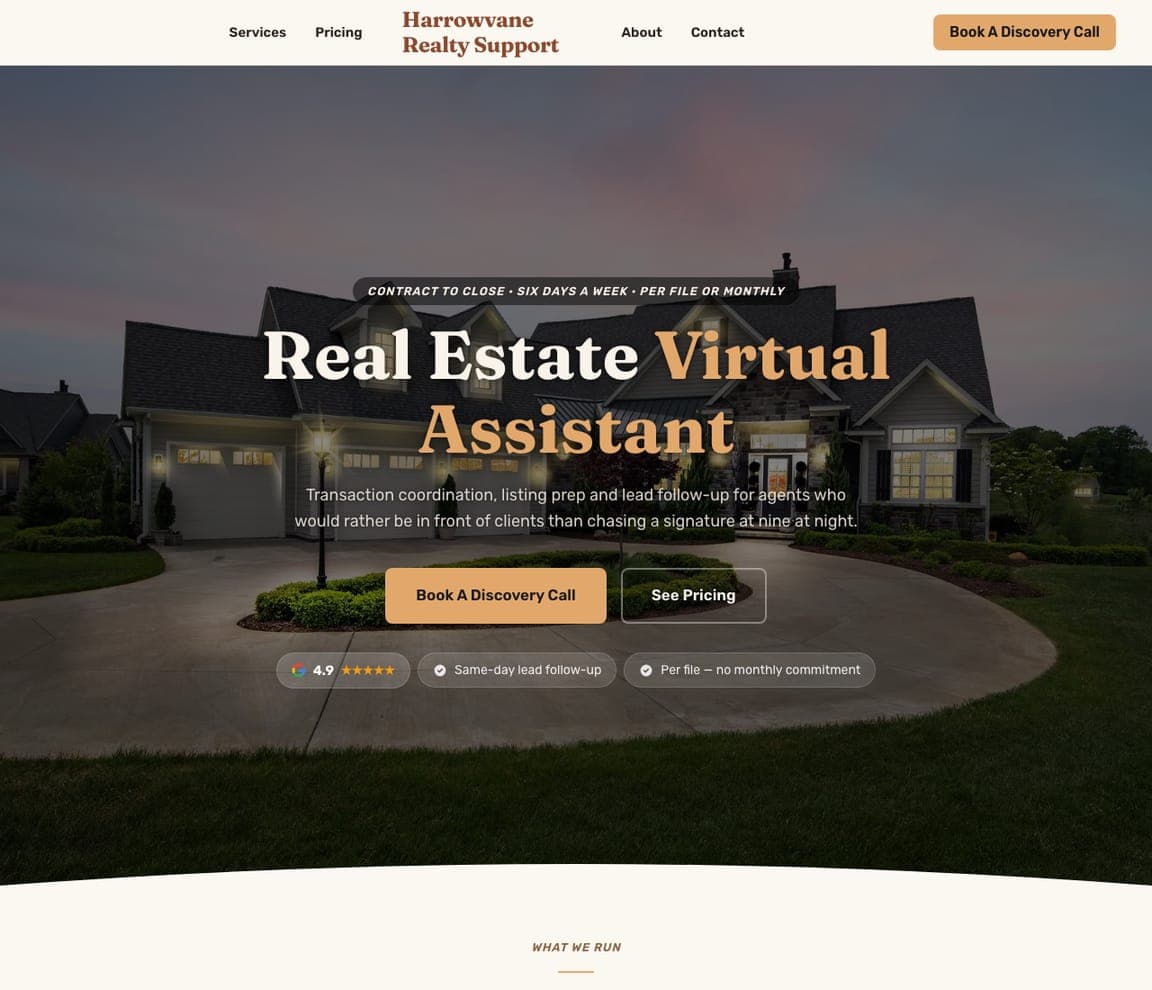 Harrowvane Realty Support — Real Estate VA website design you can build with Zarla