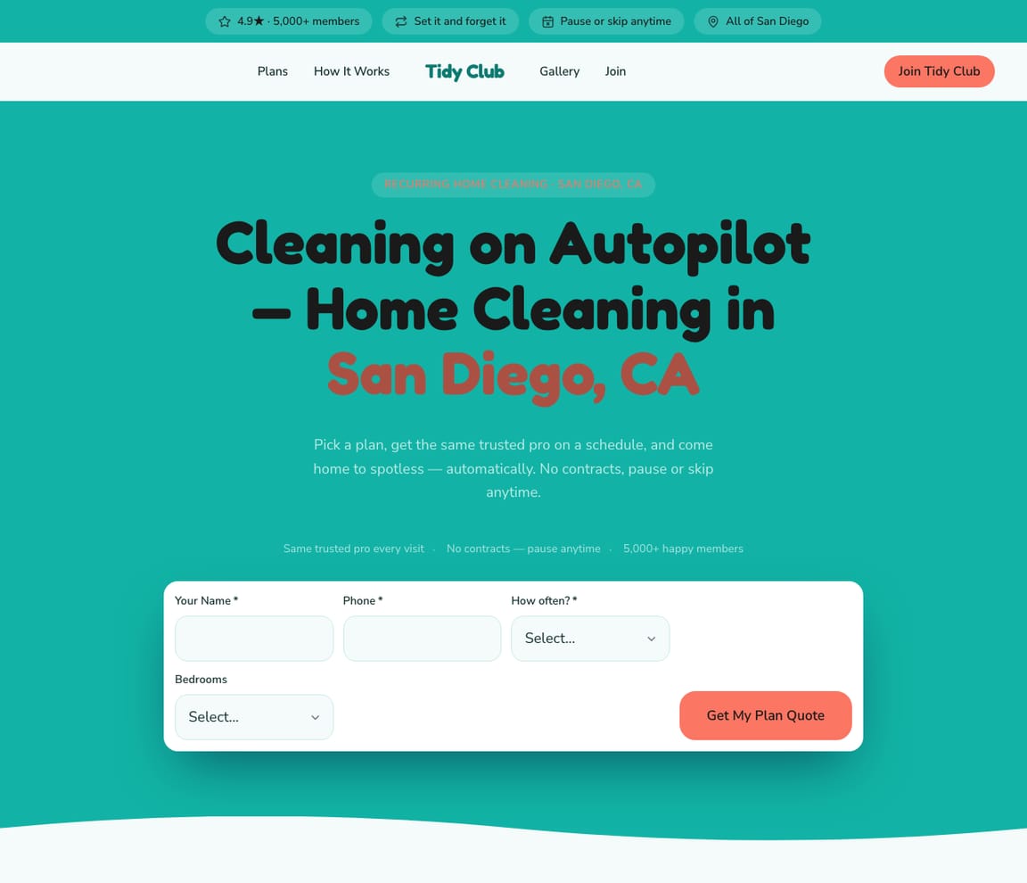 Tidy Club — Cleaning Membership website design you can build with Zarla