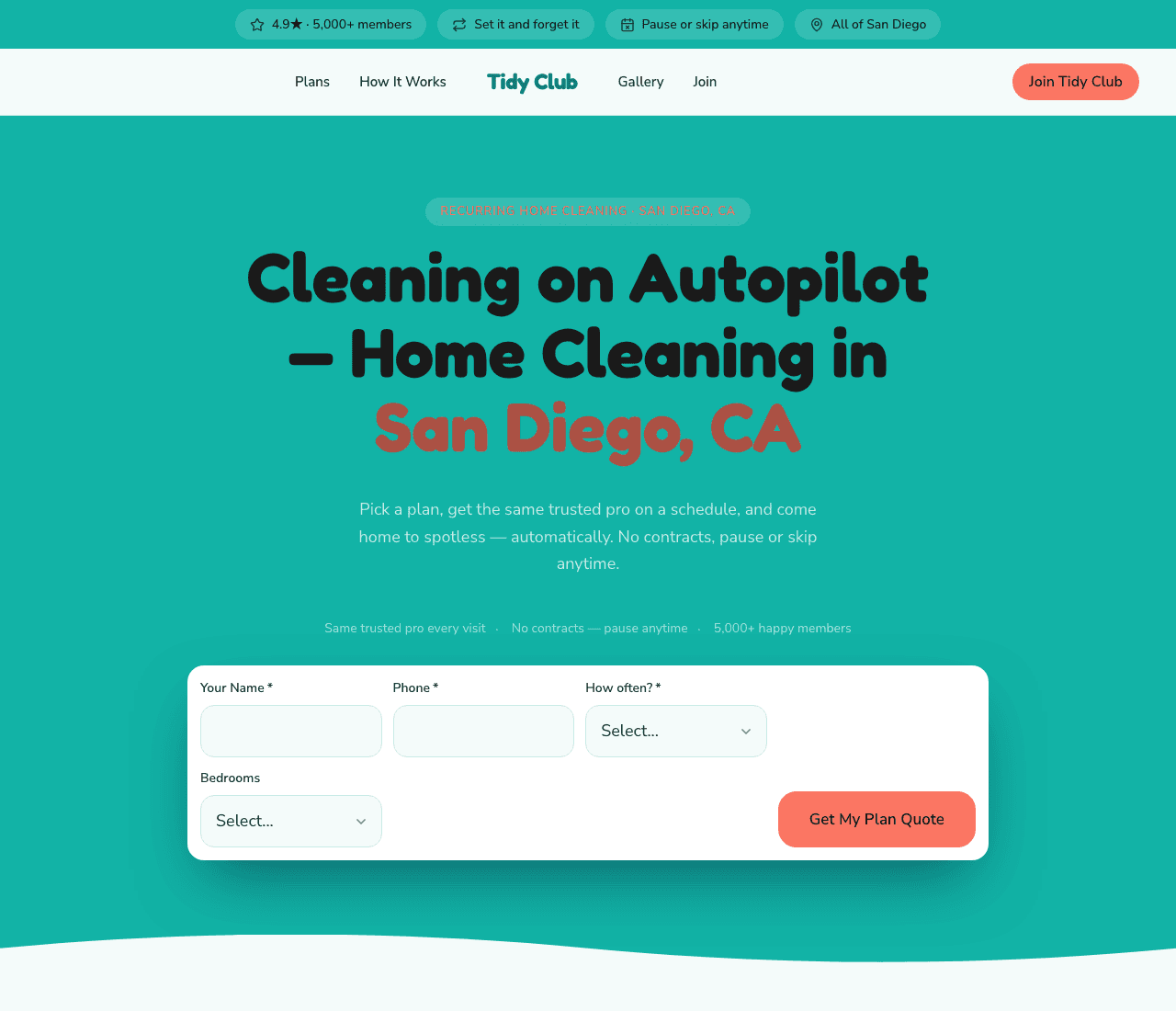 Tidy Club — Cleaning Membership website design you can build with Zarla