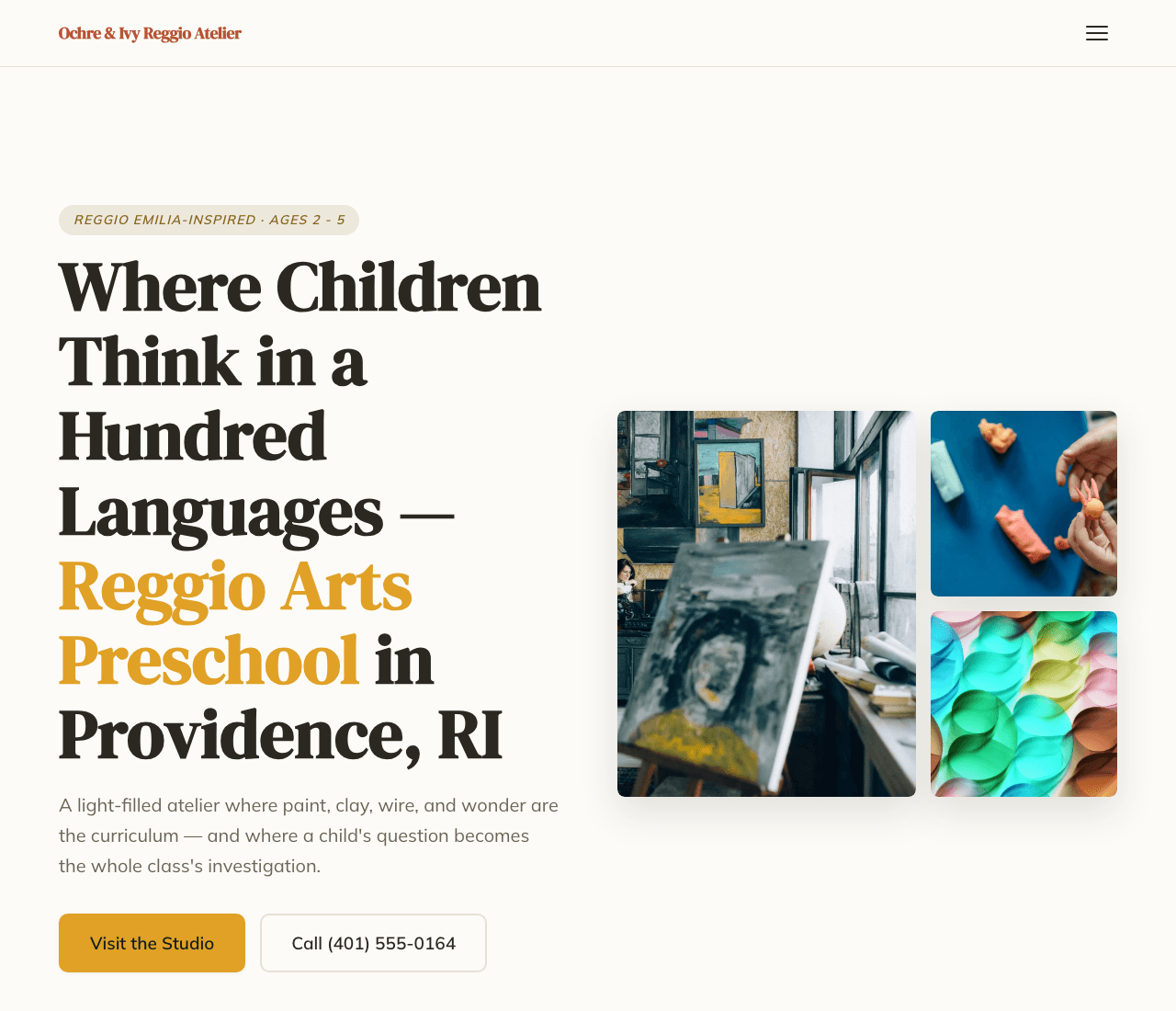 Ochre & Ivy Reggio Atelier — Arts Preschool Template website design you can build with Zarla