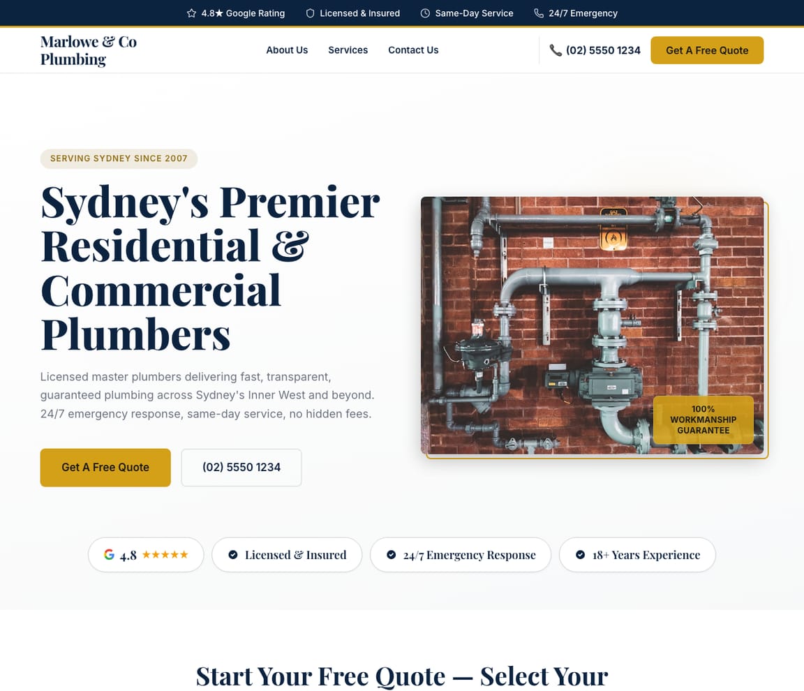 Marlowe & Co Plumbing — Local Plumber website design you can build with Zarla