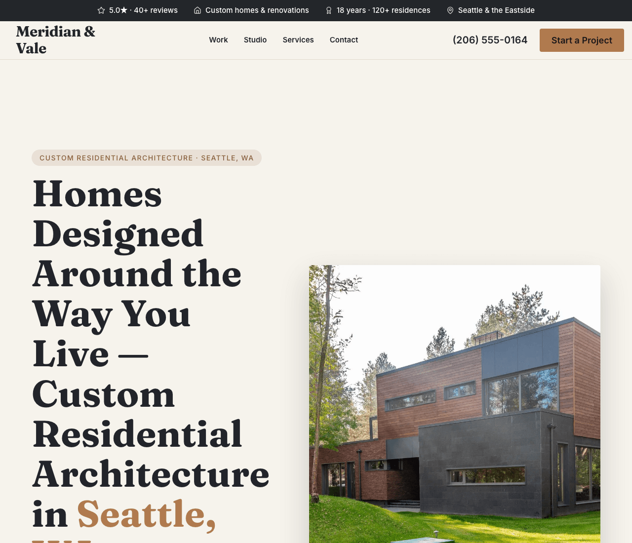 Meridian & Vale — Residential Architect website design you can build with Zarla