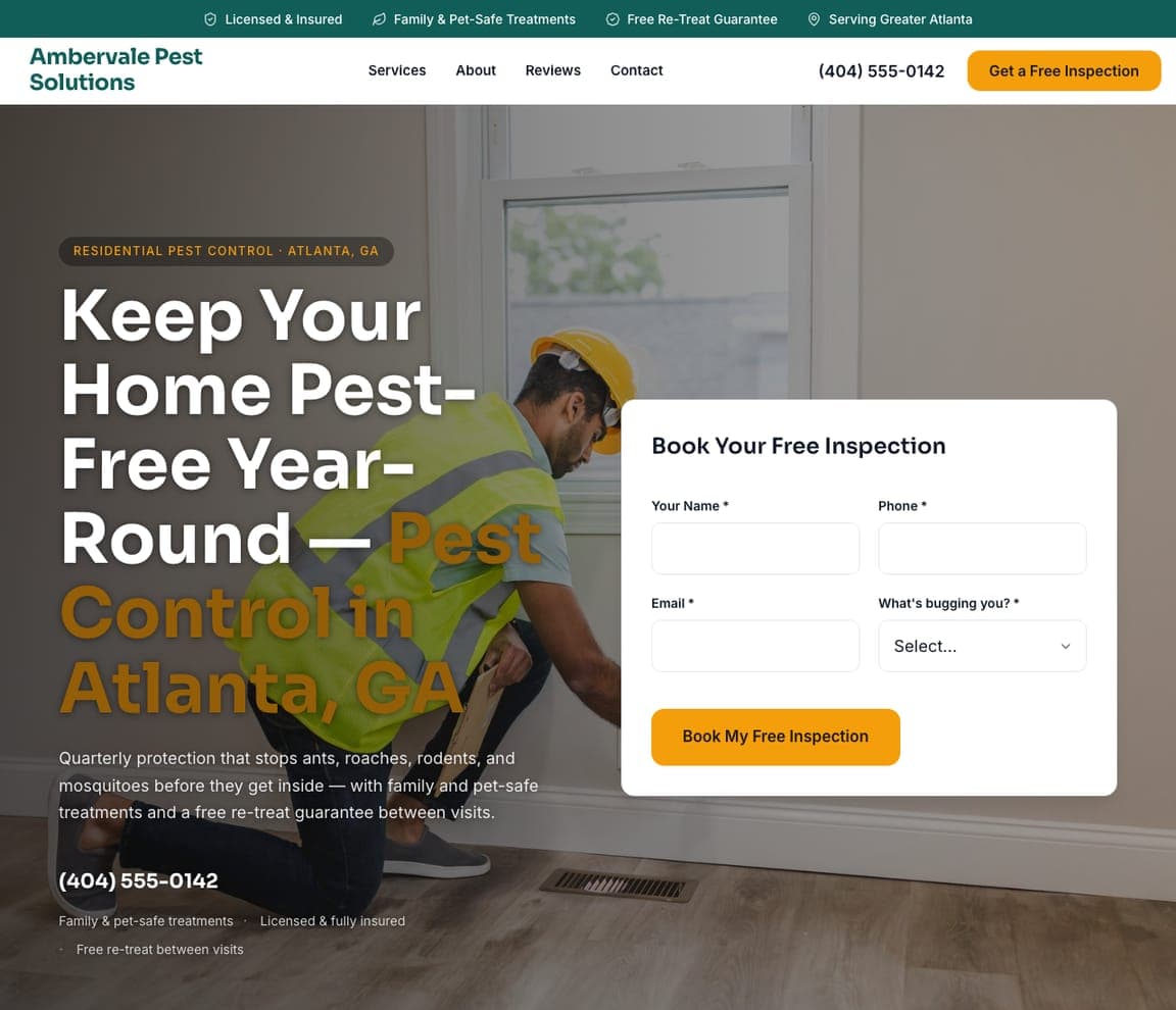 Ambervale Pest Solutions — Residential Pest website design you can build with Zarla