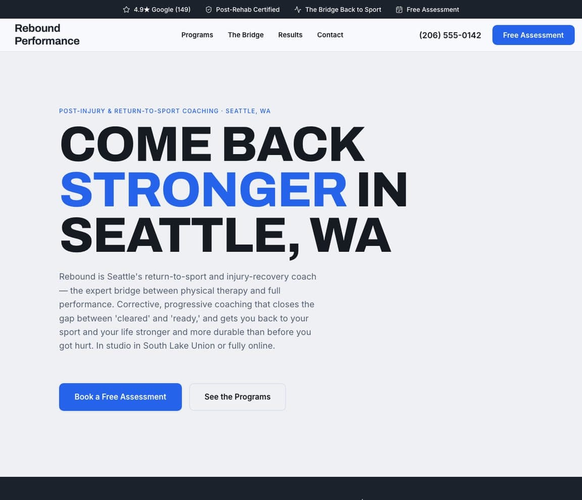 Rebound Performance — Return-to-Sport Template website design you can build with Zarla