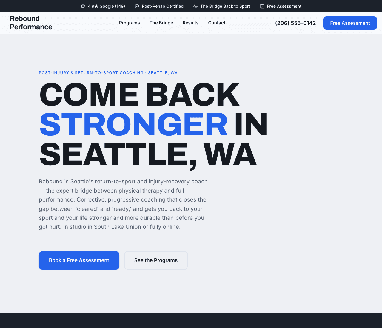 Rebound Performance — Return-to-Sport Template website design you can build with Zarla