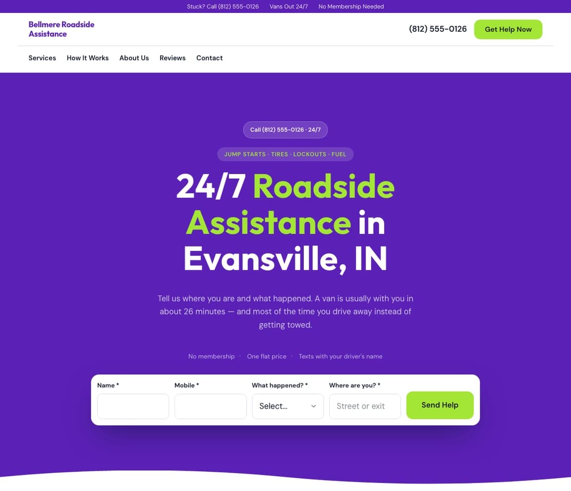 Bellmere Roadside Assistance — Roadside Assistance Template website design you can build with Zarla