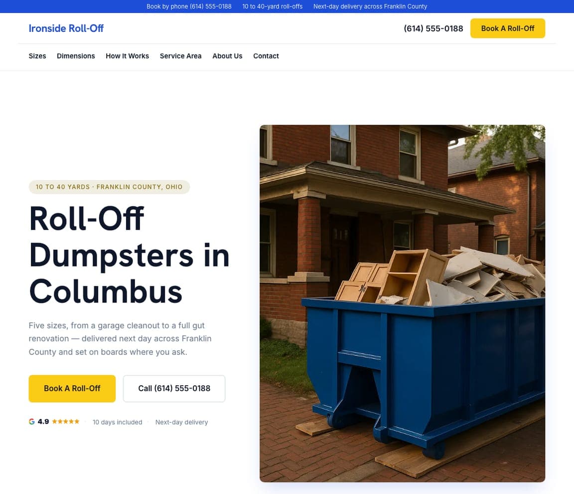Ironside Roll-Off — Roll-Off Dumpster Rental website design you can build with Zarla