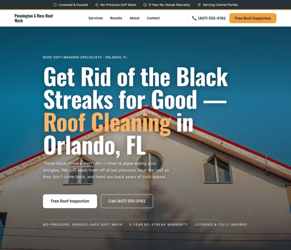 Pennington & Ross Roof Wash — Roof Cleaning website design you can build with Zarla