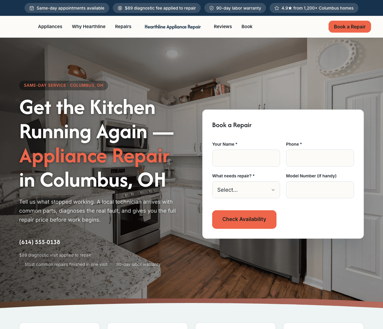 Hearthline Appliance Repair — Same-Day Repair Template website design you can build with Zarla