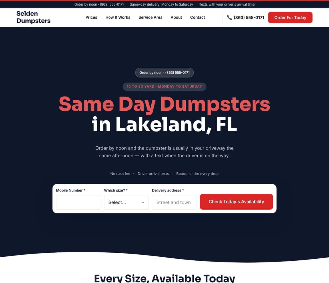 Selden Dumpsters — Same-Day Dumpster Rental website design you can build with Zarla