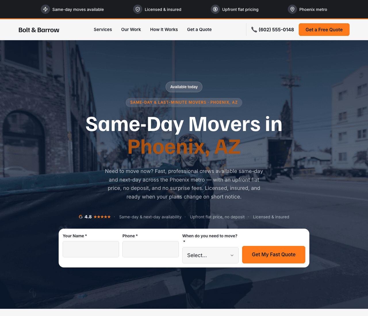 Bolt & Barrow — Same-Day Movers Template website design you can build with Zarla