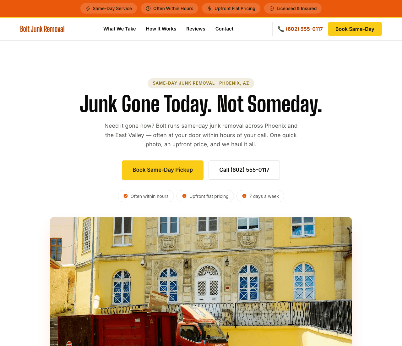 Bolt Junk Removal — Same-Day Junk Removal website design you can build with Zarla