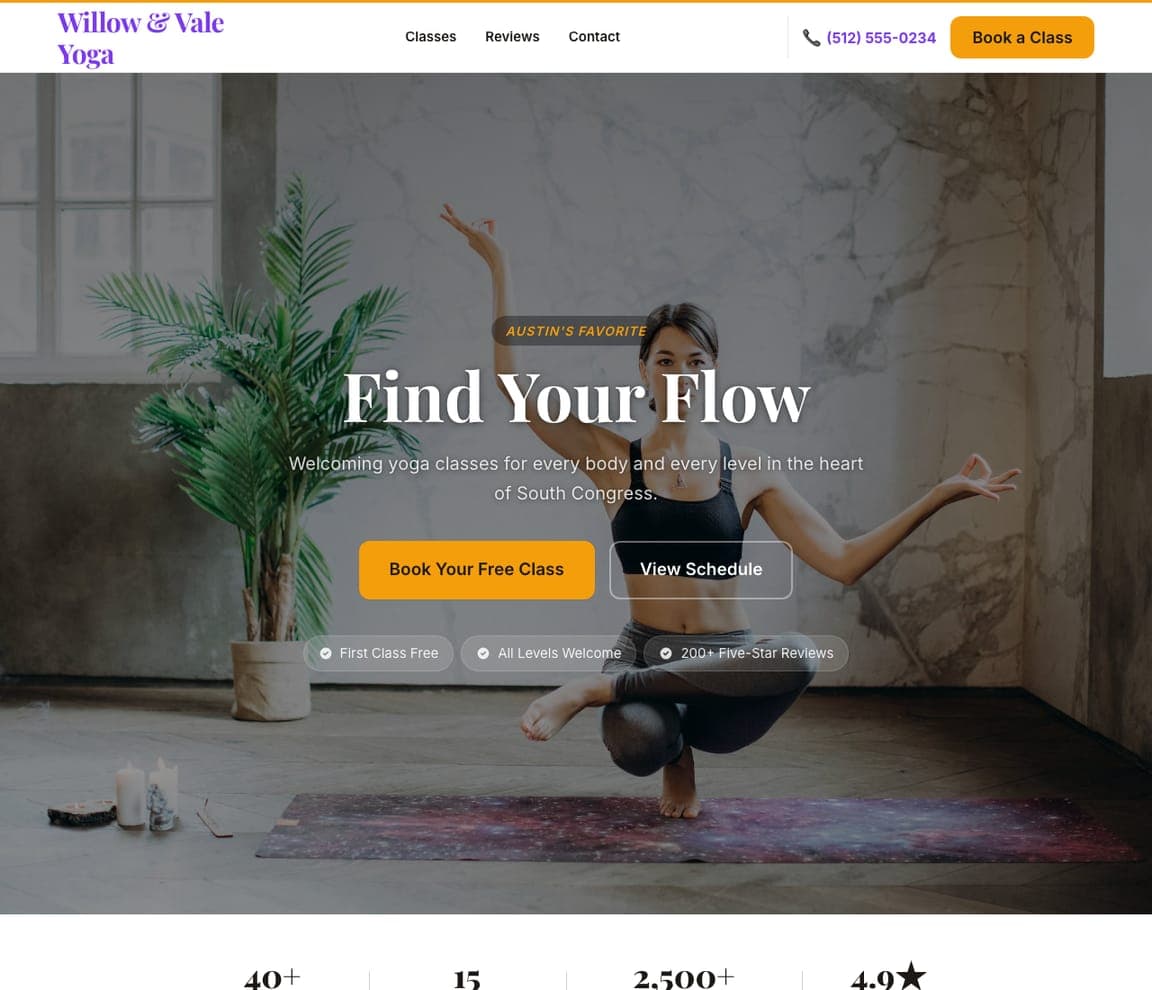 Willow & Vale Yoga — Yoga Studio Template website design you can build with Zarla