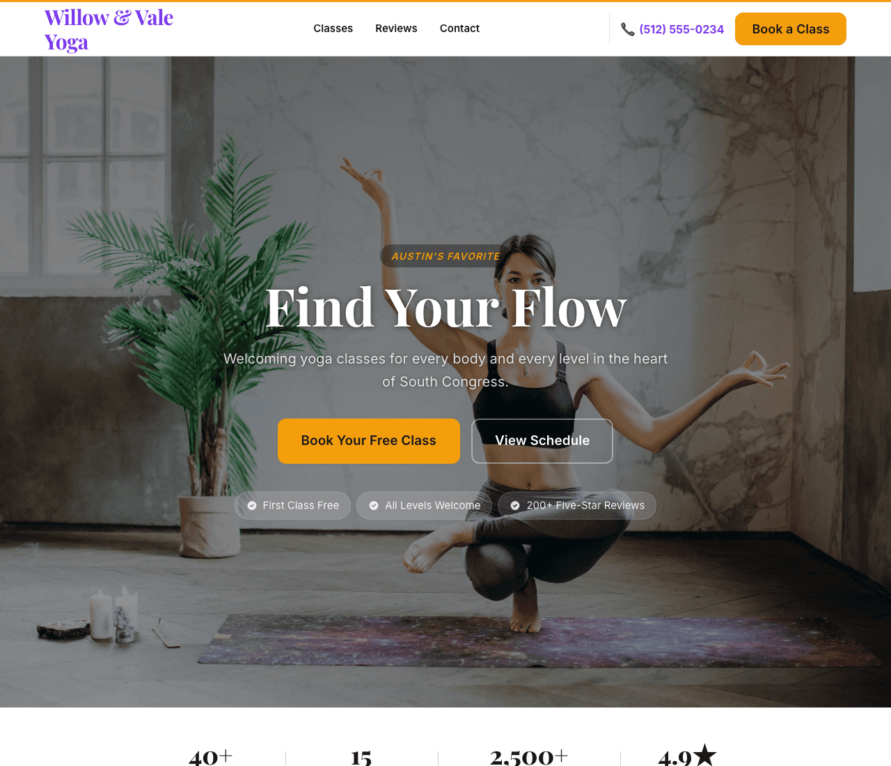 Willow & Vale Yoga — Yoga Studio Template website design you can build with Zarla