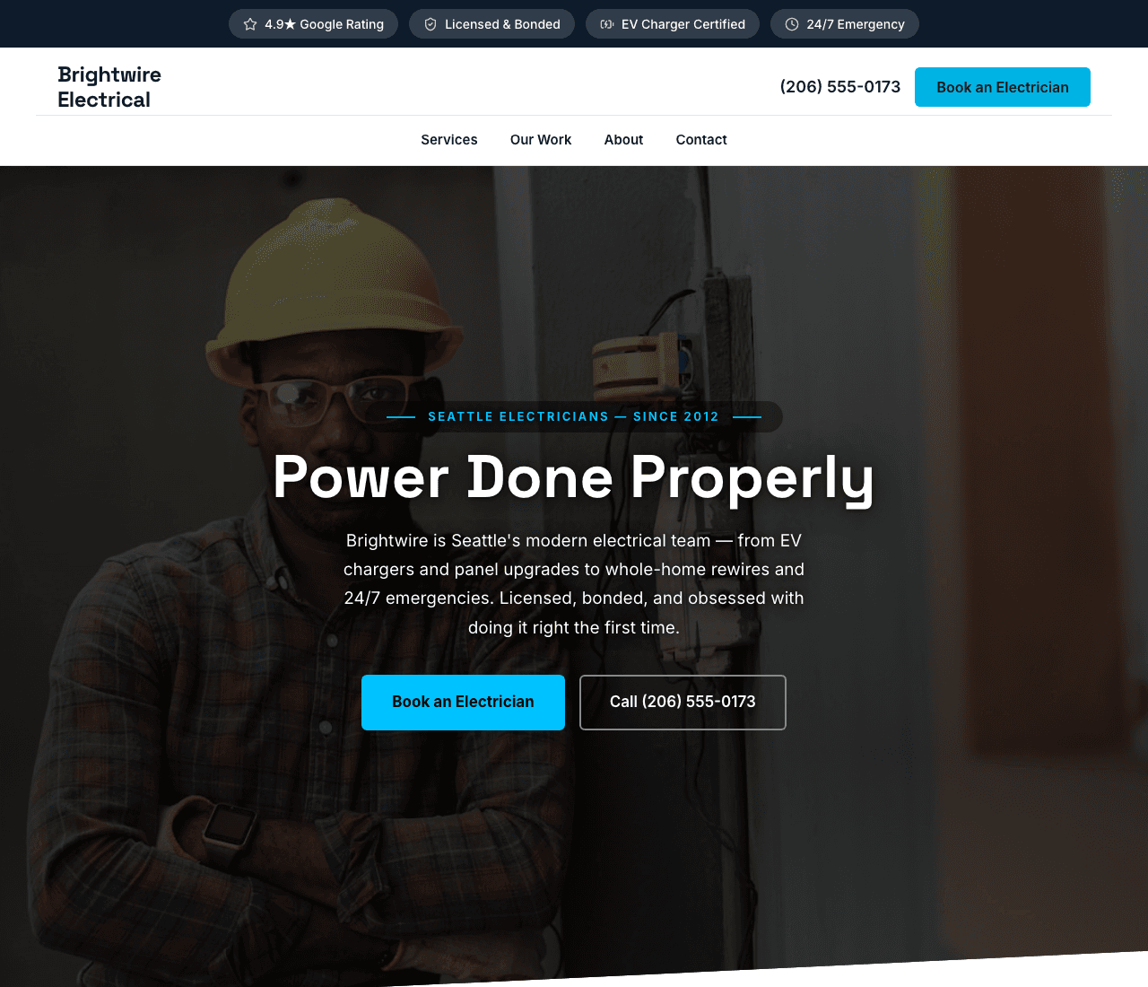 Brightwire Electrical — Premium Electrician website design you can build with Zarla
