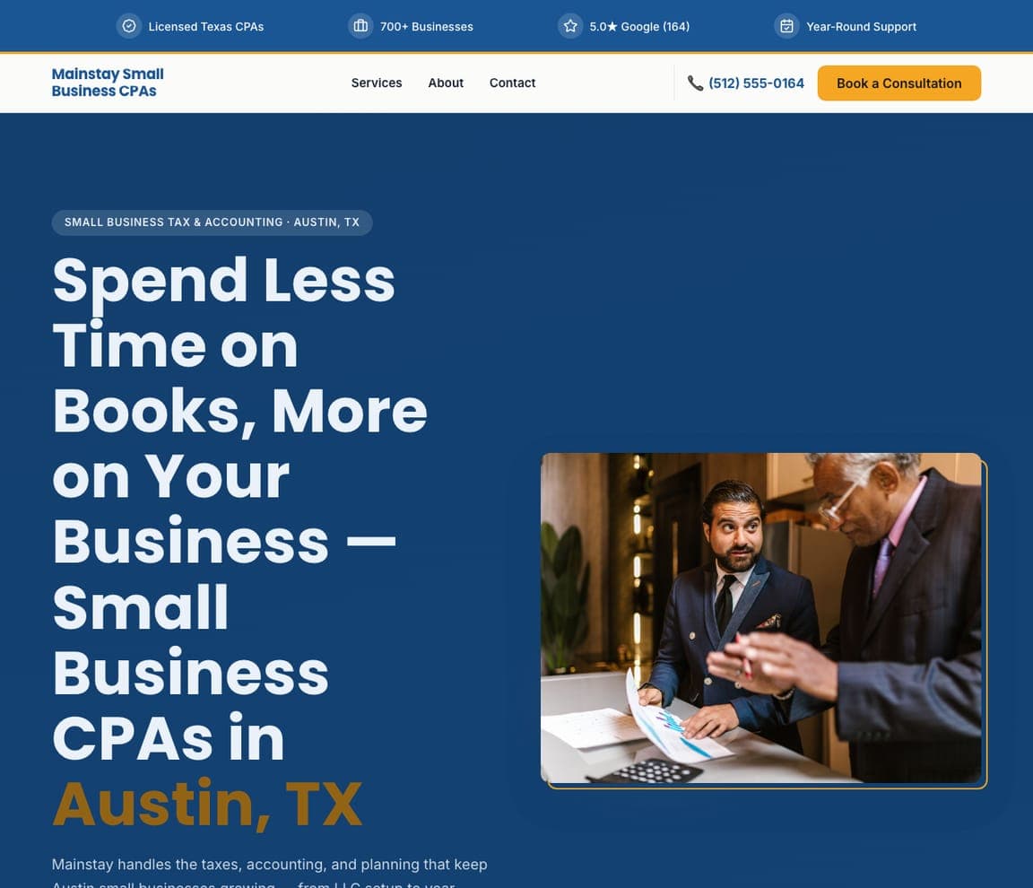 Mainstay Small Business CPAs — Small Business CPA website design you can build with Zarla