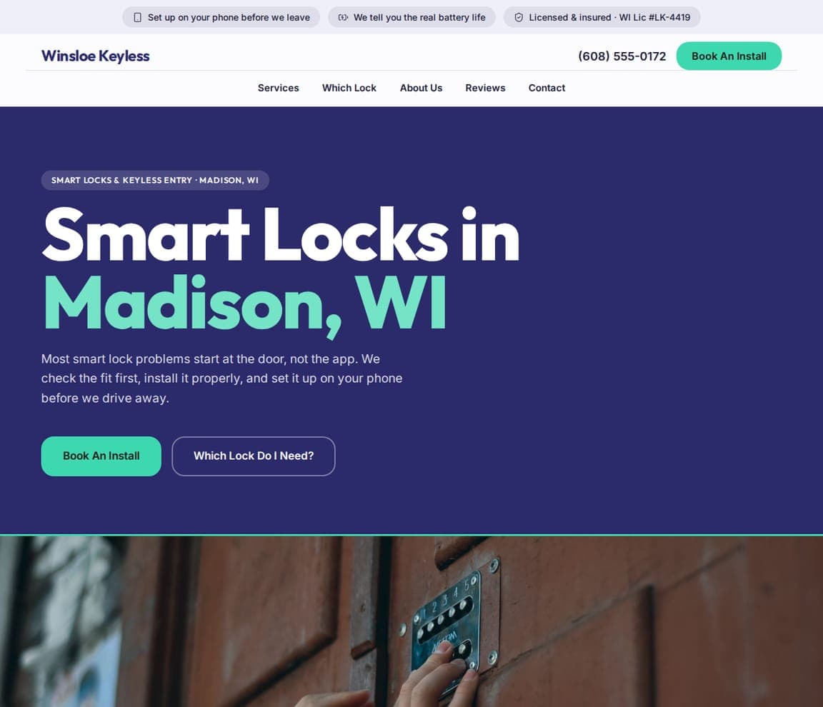 Winsloe Keyless — Smart-Lock Installer website design you can build with Zarla