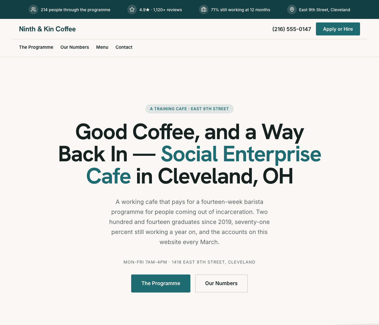 Ninth & Kin Coffee — Social Enterprise Template website design you can build with Zarla