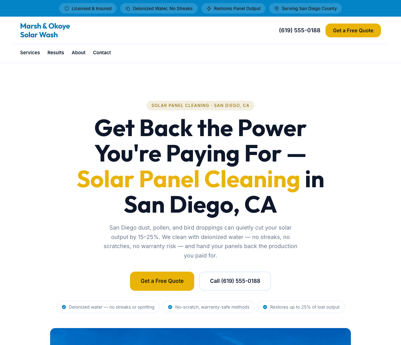 Marsh & Okoye Solar Wash — Panel Cleaning Template website design you can build with Zarla
