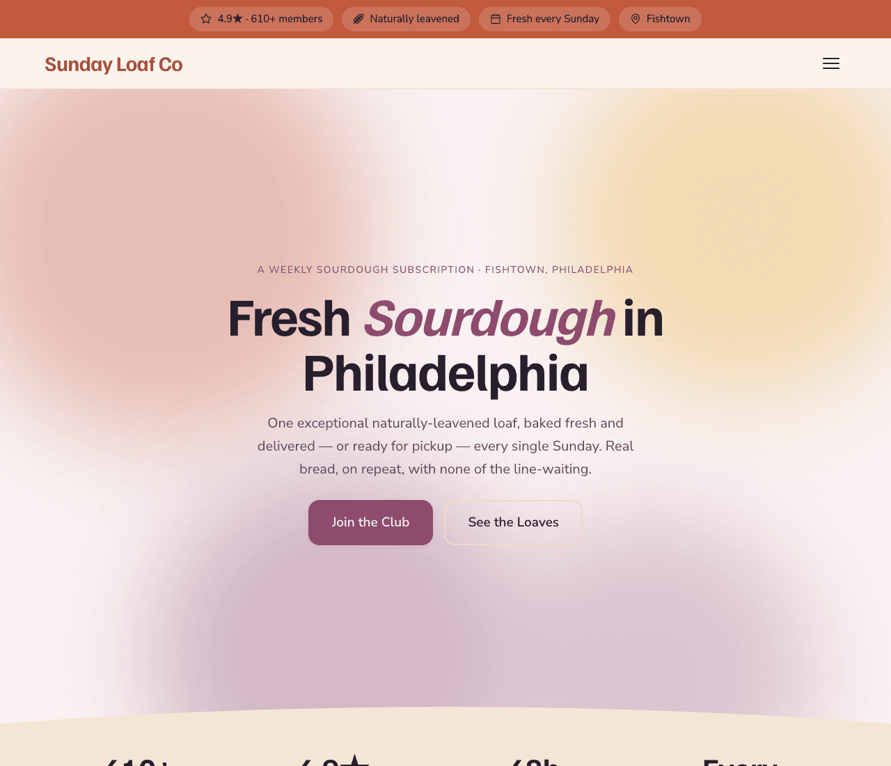 Sunday Loaf Co — Sourdough Subscription website design you can build with Zarla